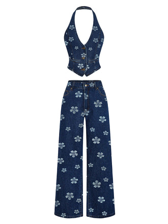 Blaues 70er Jeans-Weste & Hose Set mit Gänseblümchenstickerei
