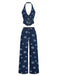 Blaues 70er Jeans-Weste & Hose Set mit Gänseblümchenstickerei