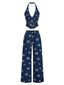 Blaues 70er Jeans-Weste & Hose Set mit Gänseblümchenstickerei