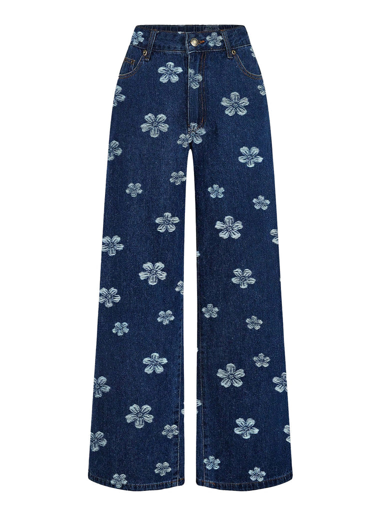 Blaues 70er Jeans-Weste & Hose Set mit Gänseblümchenstickerei