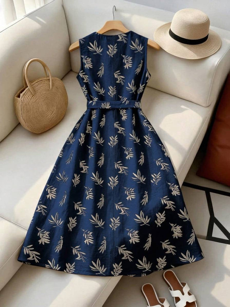 Tiefblaues 50er Kleid mit Blatt-Print und Gürtel