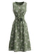 Tiefblaues 50er Kleid mit Blatt-Print und Gürtel