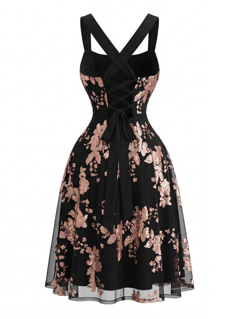 50er Mesh-Swingkleid mit Pailletten-Blumen und Rosen-Gold