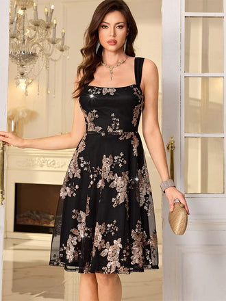 50er Mesh-Swingkleid mit Pailletten-Blumen und Rosen-Gold