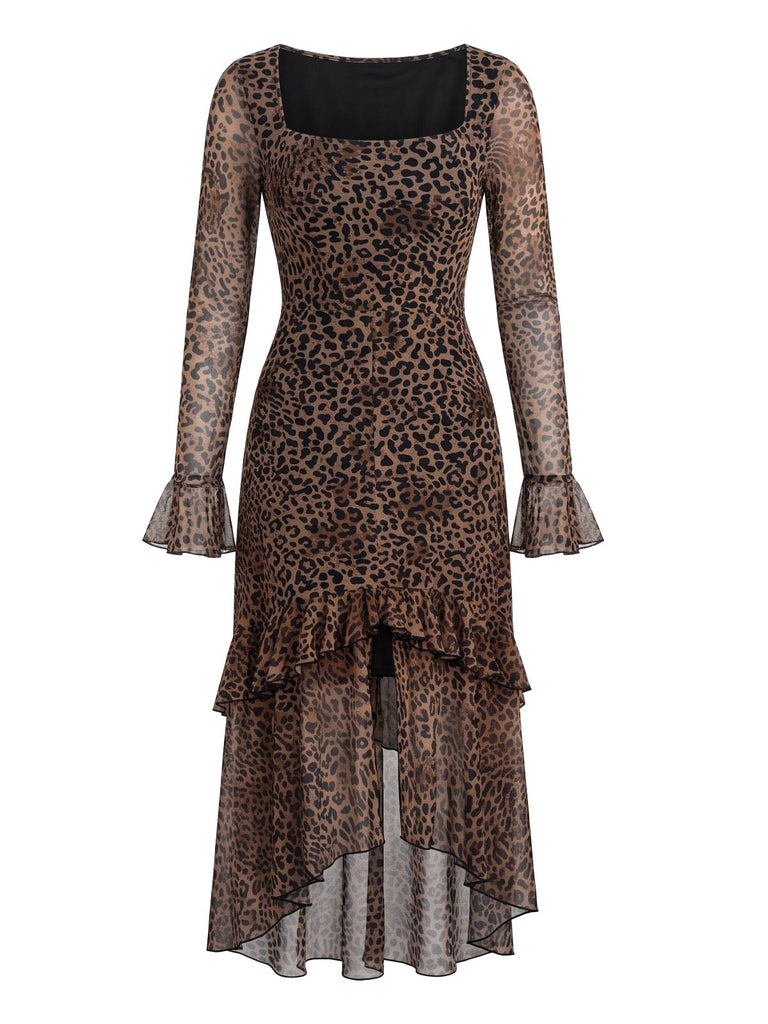 Leoparden-Print 80er Kleid mit Langarm und Rüschen