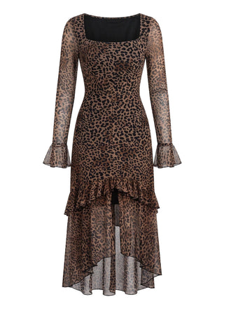 Leoparden-Print 80er Kleid mit Langarm und Rüschen