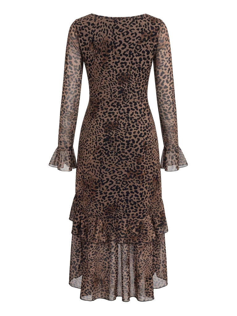 Leoparden-Print 80er Kleid mit Langarm und Rüschen
