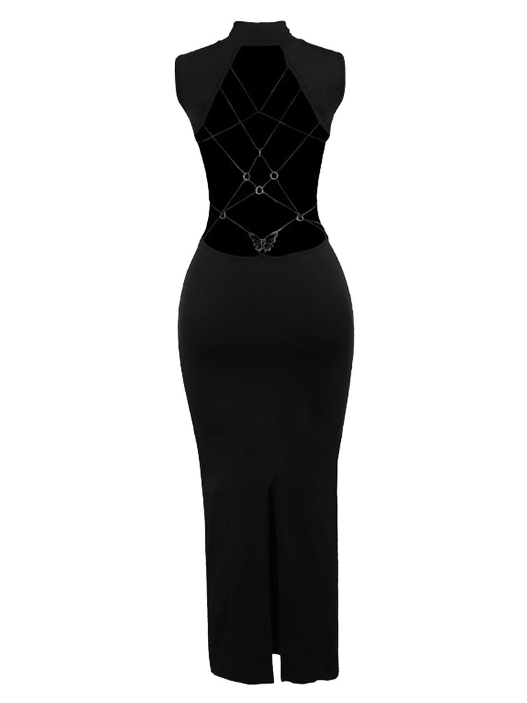 Schwarzes 80er Bodycon-Kleid mit Schmetterling und Rückenausschnitt