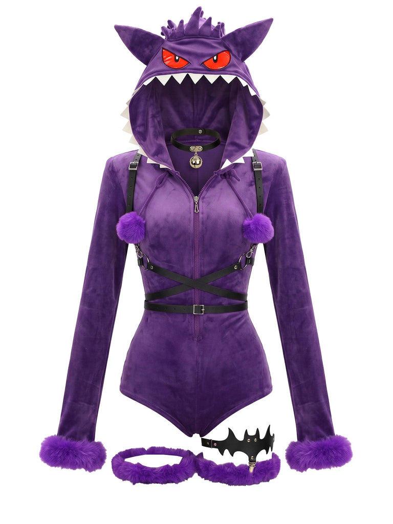 Lila 60er Halloween Monster-Kapuzenbody mit Kunstfellbesatz