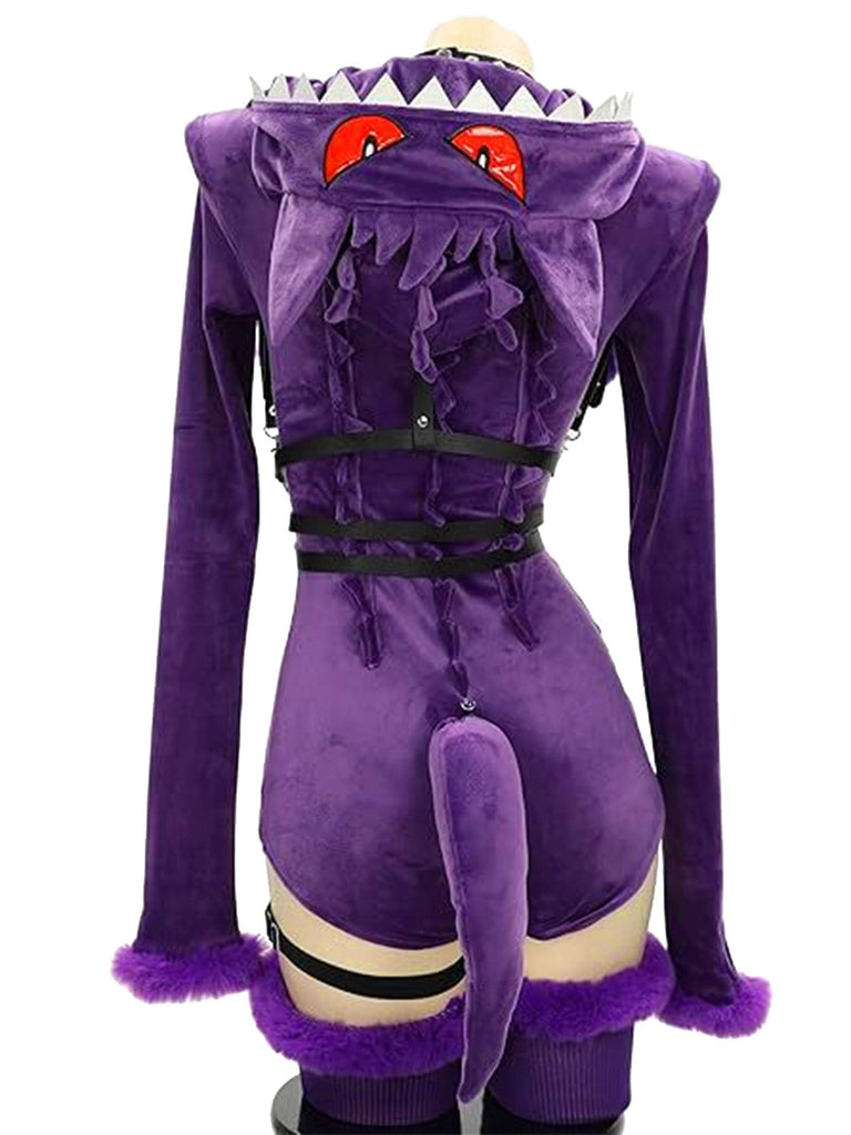 Lila 60er Halloween Monster-Kapuzenbody mit Kunstfellbesatz