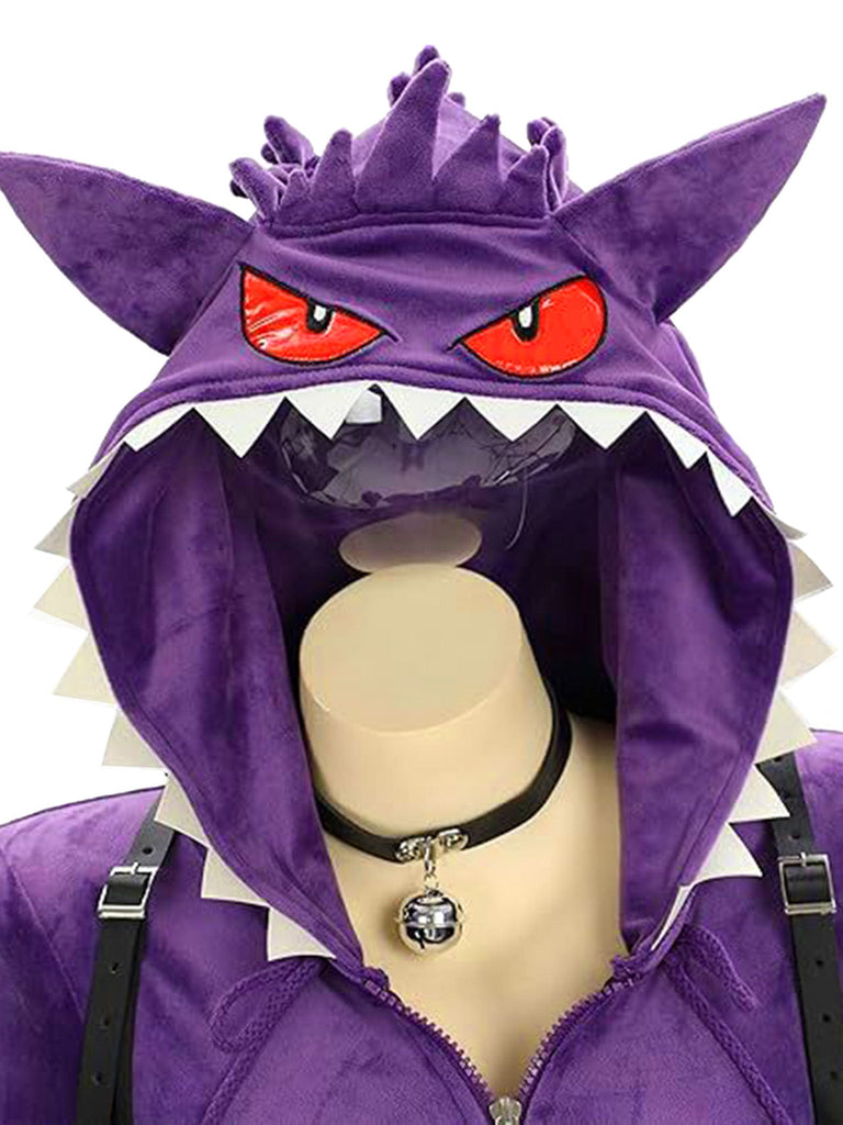 Lila 60er Halloween Monster-Kapuzenbody mit Kunstfellbesatz