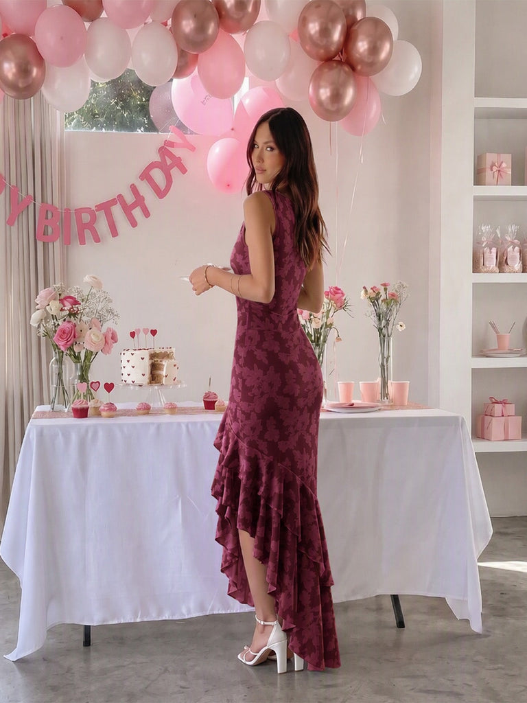 30er asymmetrisches Bodycon-Maxikleid mit Blumen-Print und Rüschen