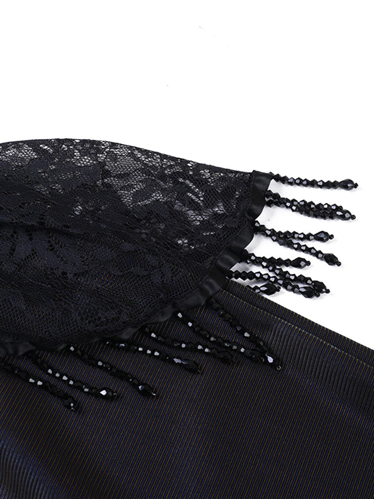 Schwarzer 30er Gothic Meerjungfrauenrock mit Metallic-Glanz und Spitze