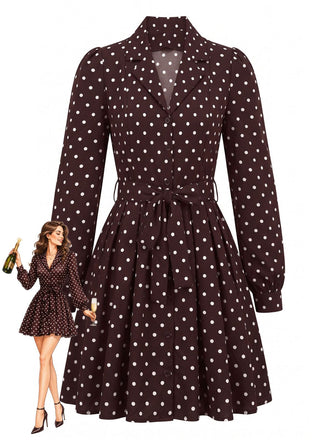 Braunes 60er Polka-Dot Kleid mit Reverskragen und Gürtel