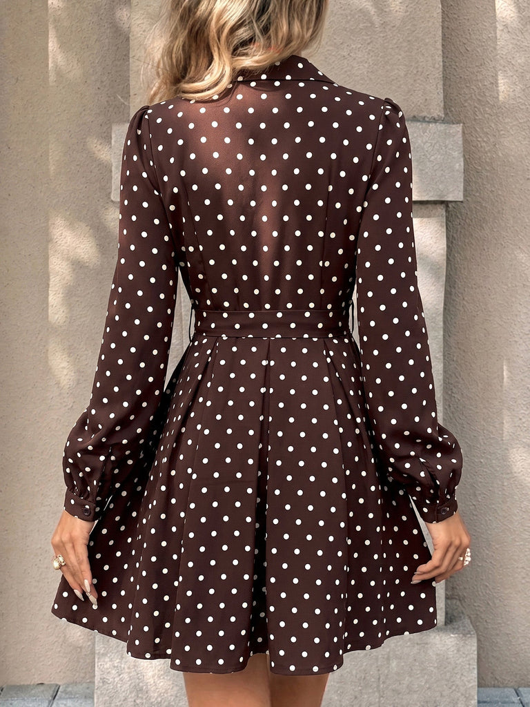 Braunes 60er Polka-Dot Kleid mit Reverskragen und Gürtel