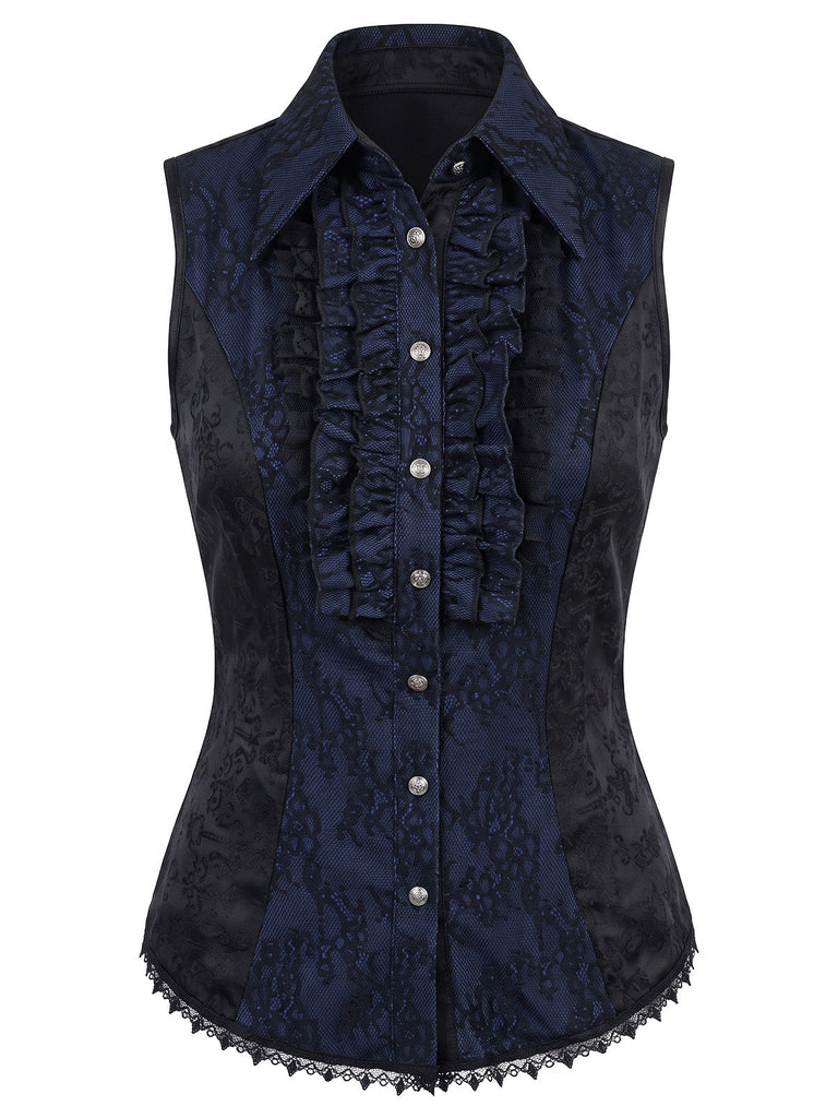 Dunkelblaue 60er Gothic-Bluse mit Jacquard und Spitze