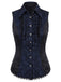Dunkelblaue 60er Gothic-Bluse mit Jacquard und Spitze