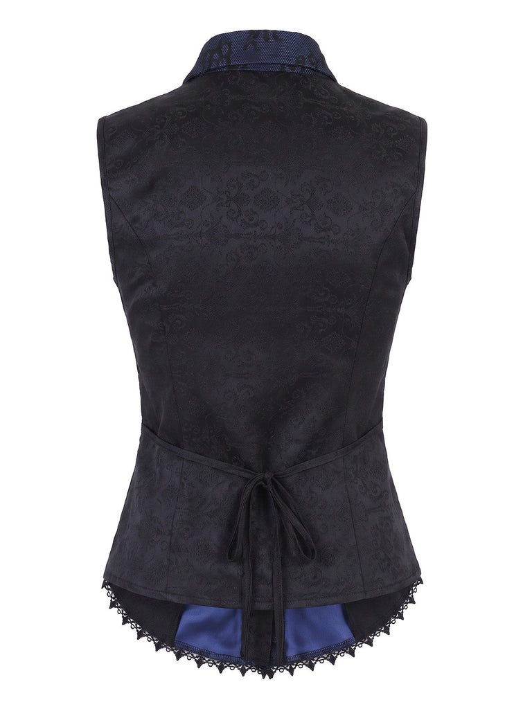 Dunkelblaue 60er Gothic-Bluse mit Jacquard und Spitze
