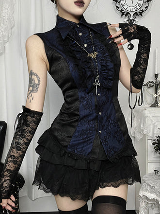Dunkelblaue 60er Gothic-Bluse mit Jacquard und Spitze