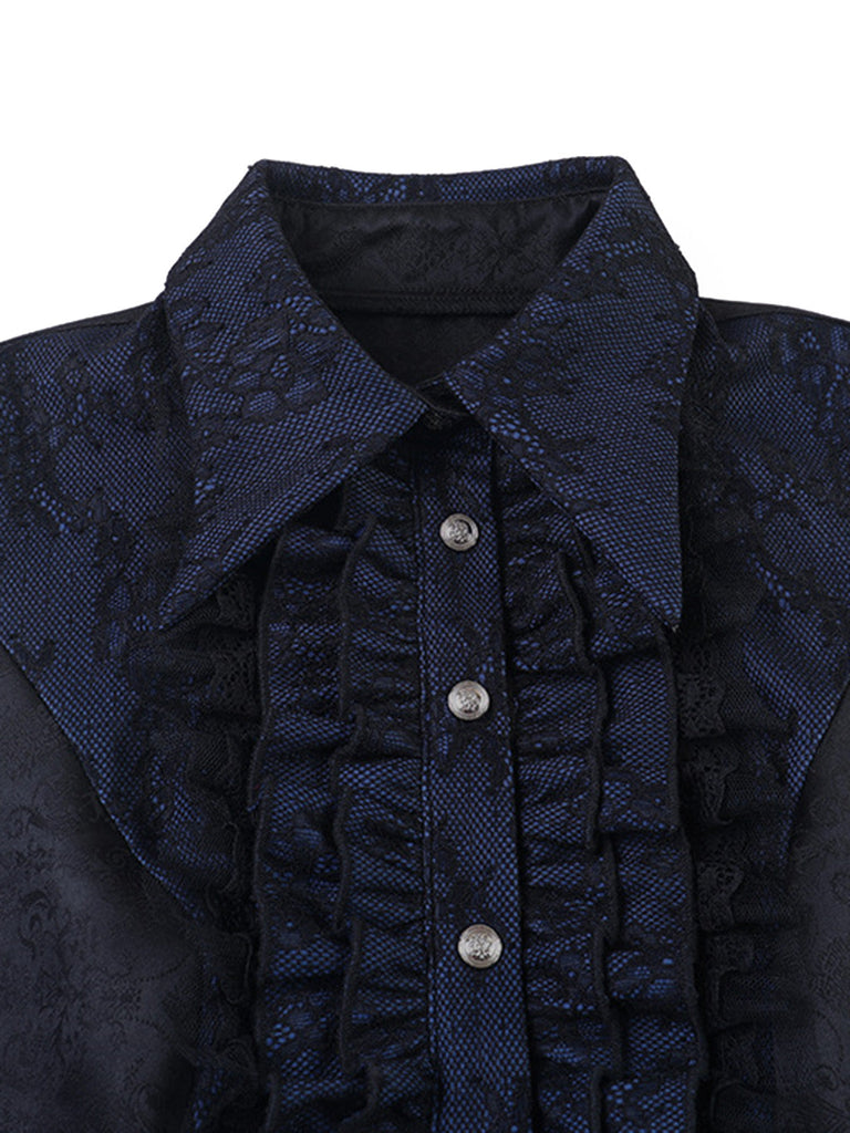 Dunkelblaue 60er Gothic-Bluse mit Jacquard und Spitze