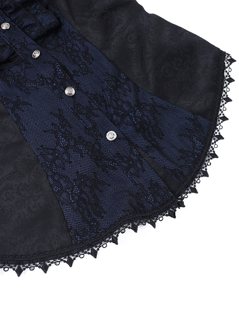 Dunkelblaue 60er Gothic-Bluse mit Jacquard und Spitze