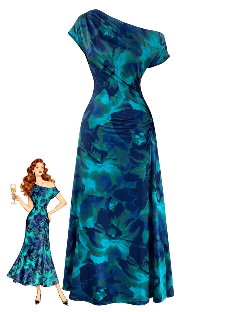 70er Raffkleid mit One-Shoulder und Blumen