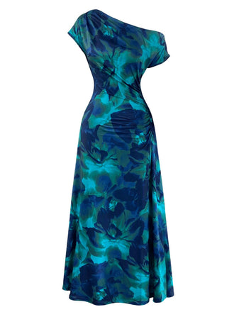 70er Raffkleid mit One-Shoulder und Blumen
