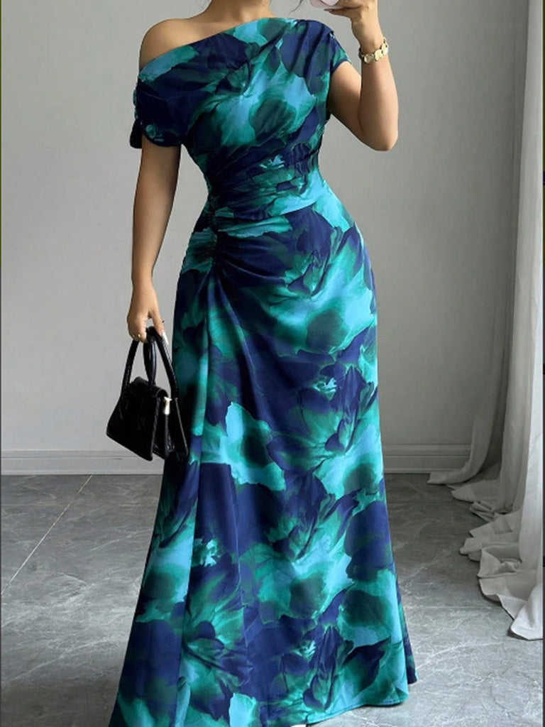 70er Raffkleid mit One-Shoulder und Blumen