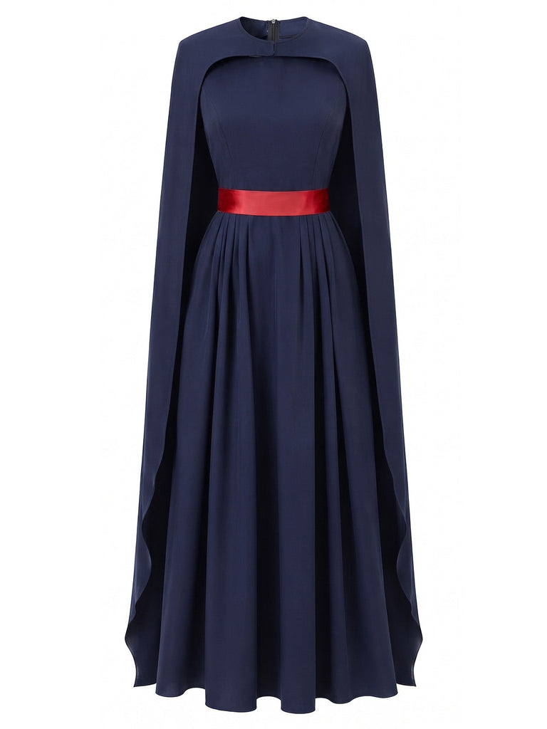 Marineblaues 70er Königin-Kostüm-Plisseekleid mit Cape