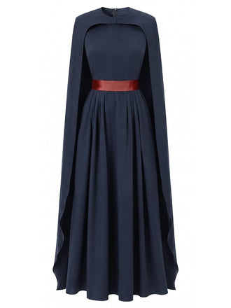 Marineblaues 70er Königin-Kostüm-Plisseekleid mit Cape
