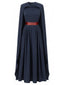Marineblaues 70er Königin-Kostüm-Plisseekleid mit Cape