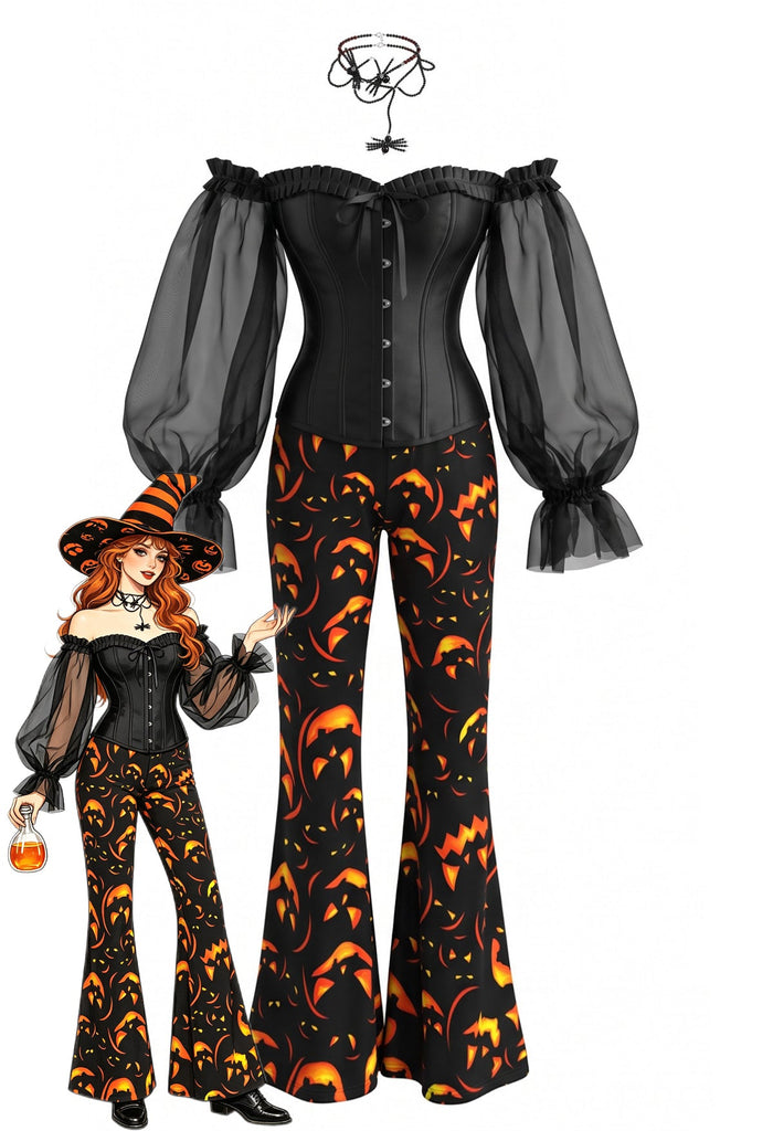 70er Gothic-Korsett & Kürbishose Set mit schulterfreiem Schnitt