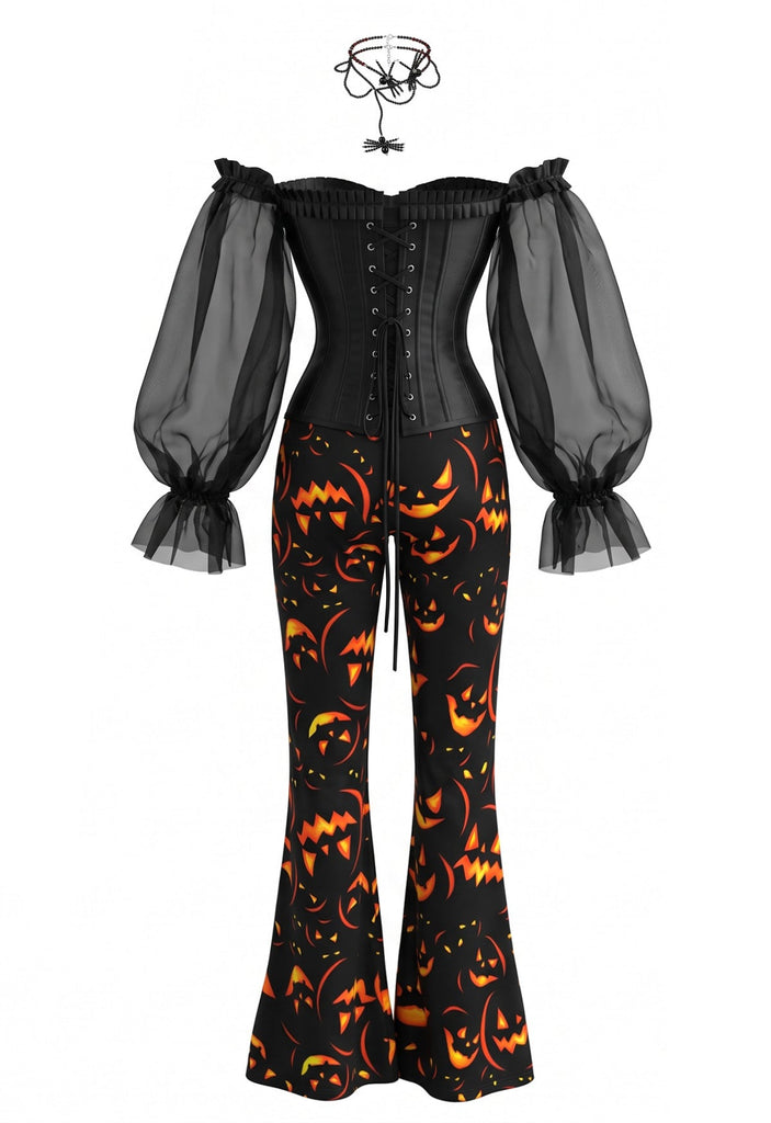 70er Gothic-Korsett & Kürbishose Set mit schulterfreiem Schnitt