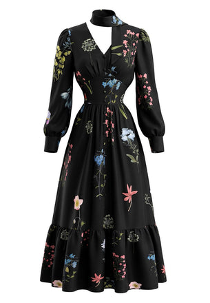Schwarzes 50er Blumenkleid mit V-Ausschnitt und Halstuch
