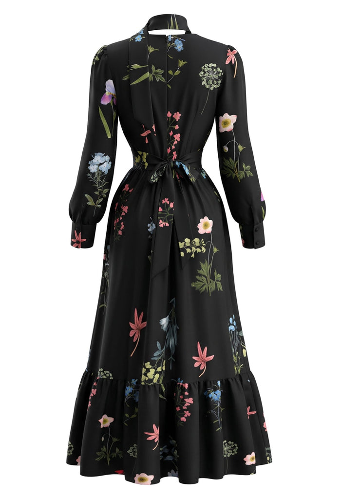 Schwarzes 50er Blumenkleid mit V-Ausschnitt und Halstuch