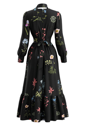 Schwarzes 50er Blumenkleid mit V-Ausschnitt und Halstuch