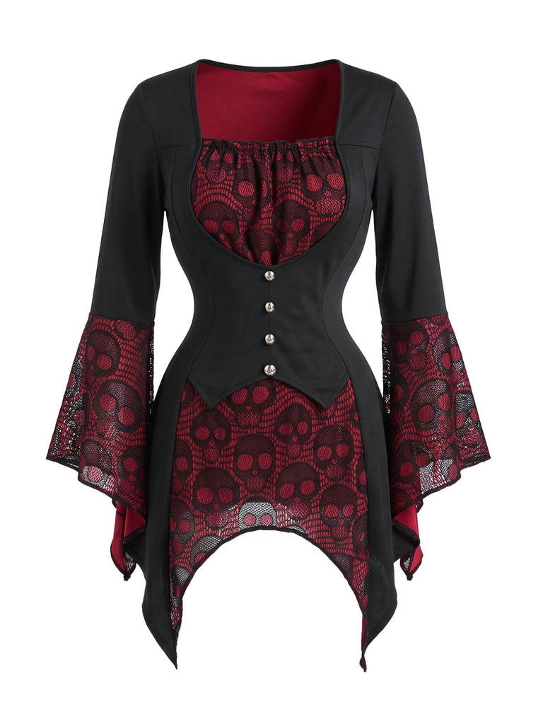 70er Gothic Top mit Totenkopfspitze und Trompetenärmeln