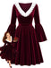 Weinrotes 50er Samtkleid mit Glockenärmeln und weißem V-Kragen