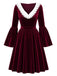 Weinrotes 50er Samtkleid mit Glockenärmeln und weißem V-Kragen