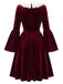 Weinrotes 50er Samtkleid mit Glockenärmeln und weißem V-Kragen