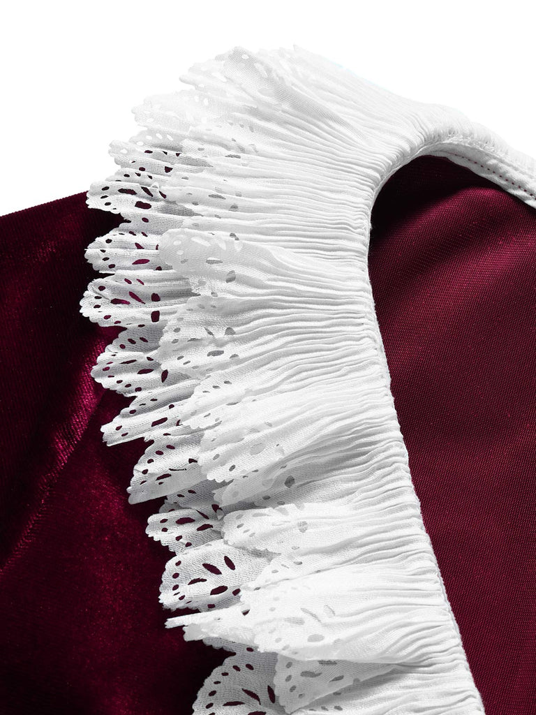 Weinrotes 50er Samtkleid mit Glockenärmeln und weißem V-Kragen