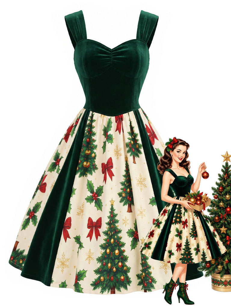 Grünes 50er Kleid mit Samteinsatz und Tannenbaum-Print