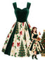 [Vorverkauf] Grünes 50er Kleid mit Samteinsatz und Tannenbaum-Print