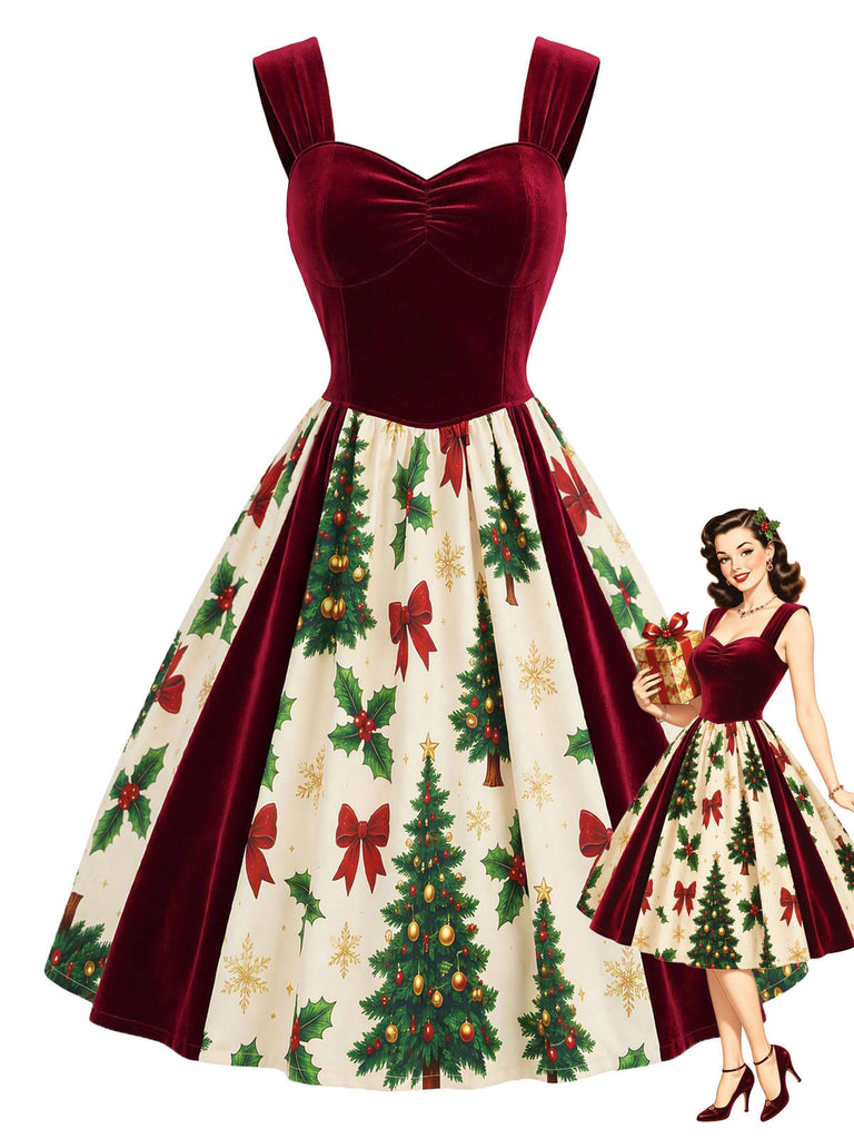 Weinrotes 50er Samtkleid mit Weihnachtsbaum-Print