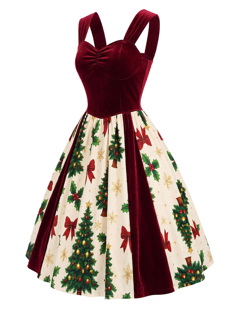 Weinrotes 50er Samtkleid mit Weihnachtsbaum-Print