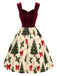 Weinrotes 50er Samtkleid mit Weihnachtsbaum-Print