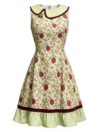 Gelbgrünes 60er Kleid mit Kirschen, Karokragen und plissiertem Karosaum