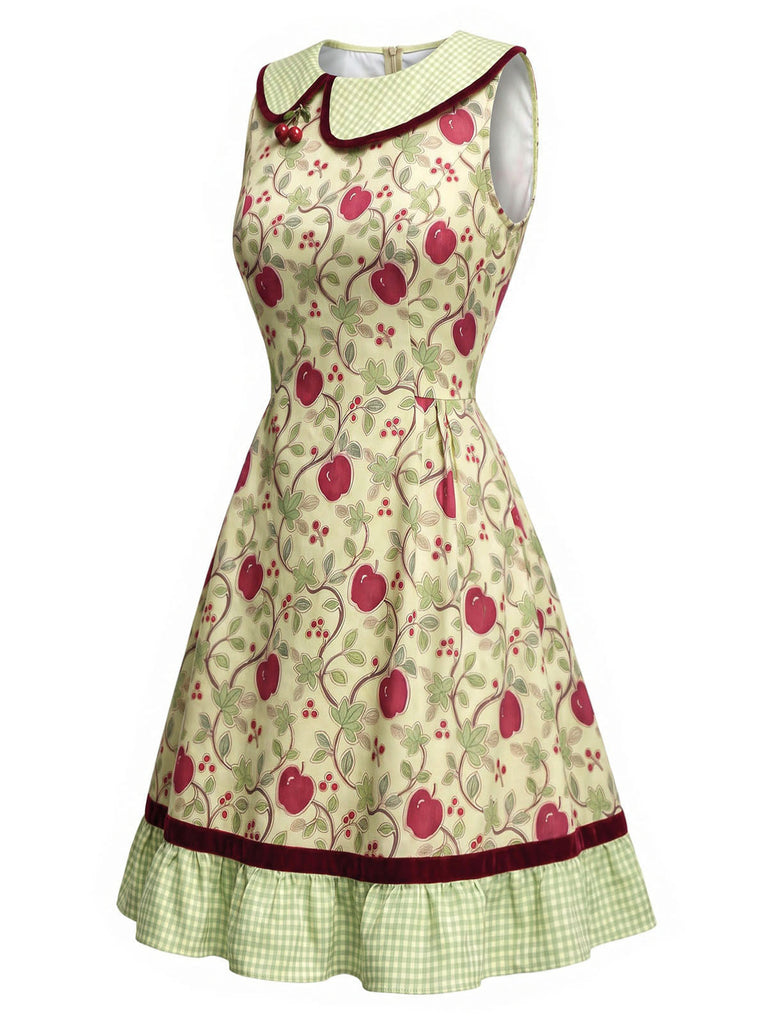 Gelbgrünes 60er Kleid mit Kirschen, Karokragen und plissiertem Karosaum