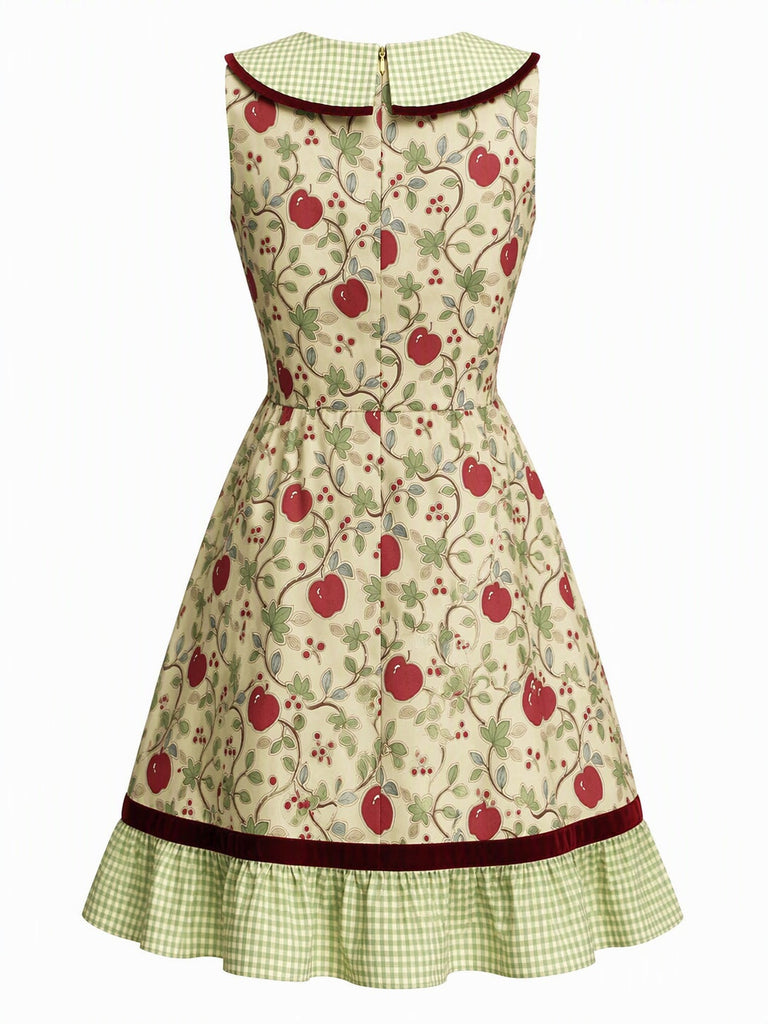 Gelbgrünes 60er Kleid mit Kirschen, Karokragen und plissiertem Karosaum
