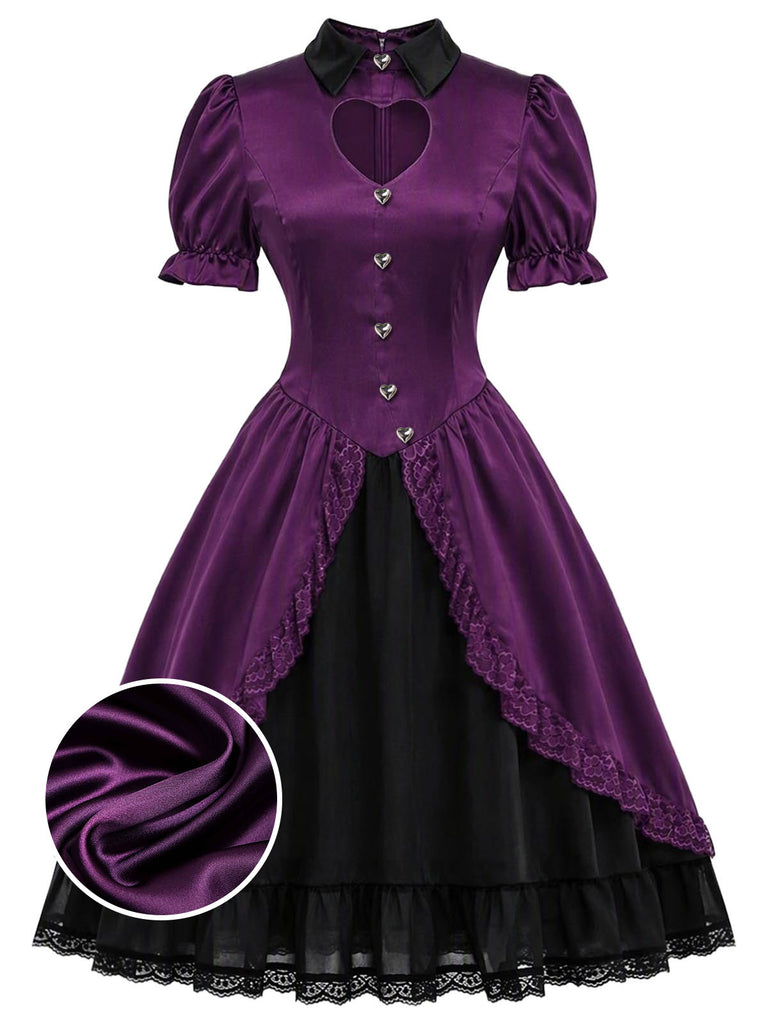 Dunkellila 40er Gothic-Lolita Satinkleid mit Herz-Cut-out